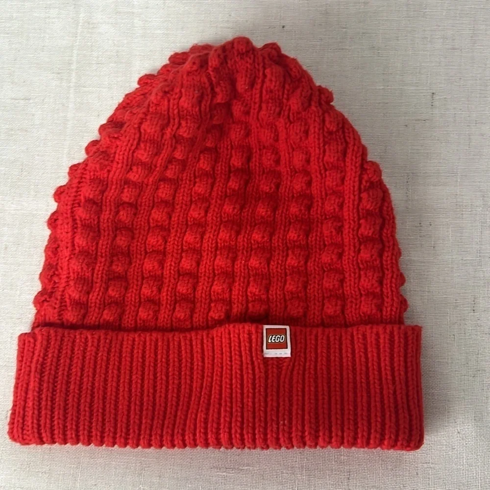 Lego Beanie Hat Red Yellow Knit Stretch Embroidered Rib  Cuffed size One Size